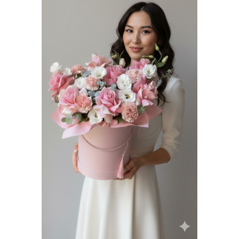 Коробка из букета цветов роз, лизиантусов, гвоздики и эвкалипта